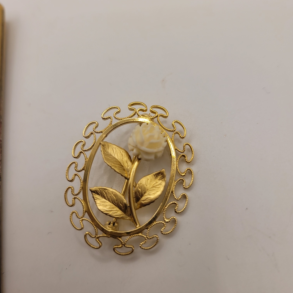 Vintage Signed K. L. 12 K Gold Filled Brooch Carved White Rose & Open Work